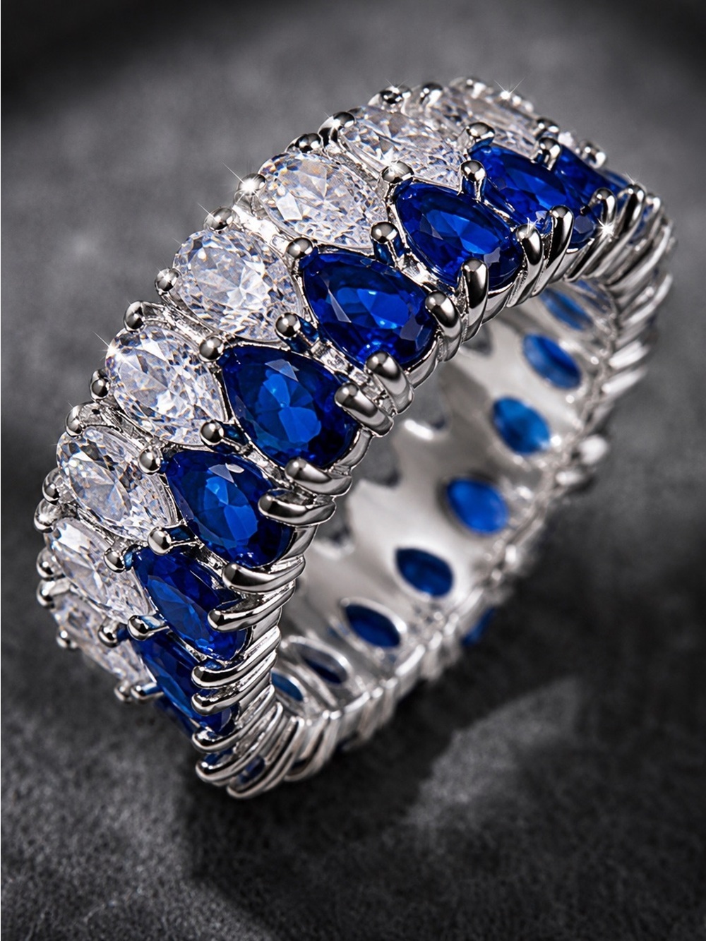 Silver color Ring with Blue and Clear Stones - Women Jewelry - Picture 2 of 8